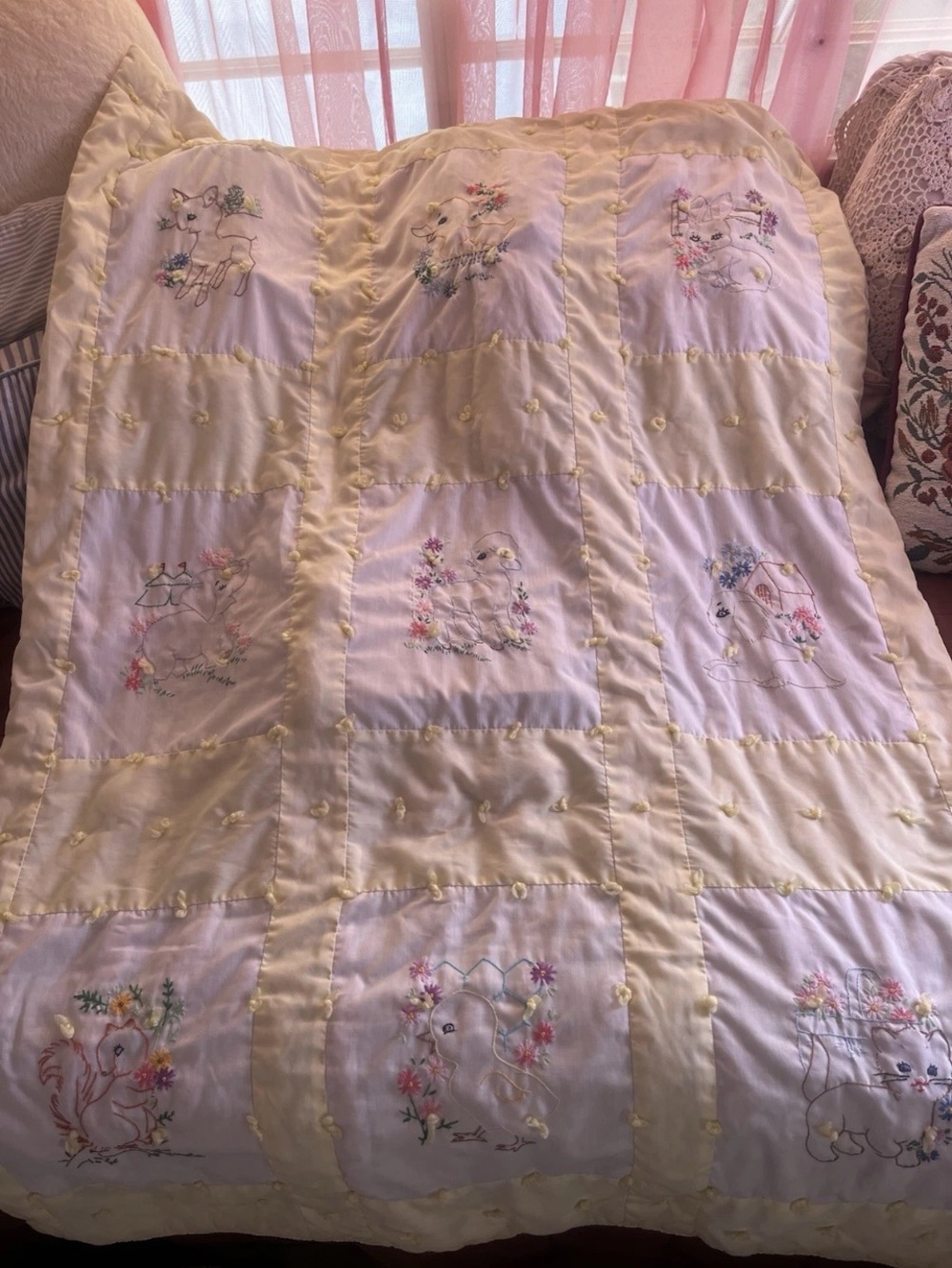 Adorable Vintage Baby Quilt Hand Embroidered and Hand Quilted  53”x36”